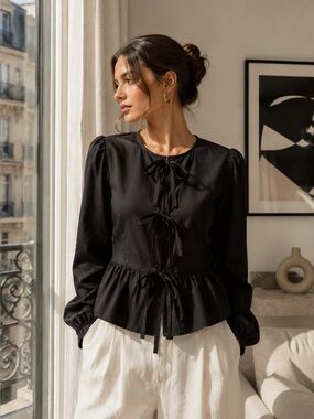 PrettyGarden Black Tie Front Peplum Blouse Puff Sleeve Long Sleeve Top Medium